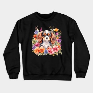 A baby cavalier king charles spaniel decorated with beautiful watercolor flowers Crewneck Sweatshirt